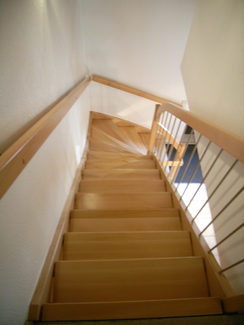 Buche-Massiv Treppe auf Bozen gelagert; Stufen auswechselbar. Buchengeländer mit Edelstahl-Rundstäben